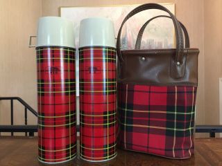 Vintage King Steele’s Thermos Co Vintage Red Plaid Bottles With Bag Picnic Set