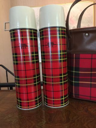 Vintage King Steele’s Thermos Co Vintage Red Plaid Bottles With Bag Picnic Set 2