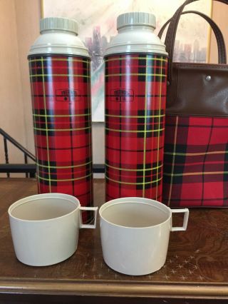 Vintage King Steele’s Thermos Co Vintage Red Plaid Bottles With Bag Picnic Set 3