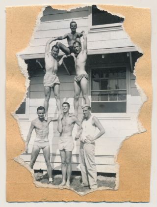 Soldiers Pyramid Handstand W Swimsuit Bulge Vtg Shirtless Army Men Photo Gay Int