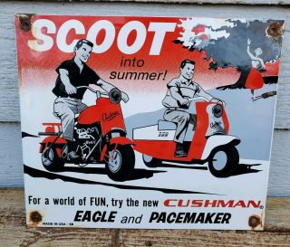 Old Vintage 1958 Cushman Scooters Porcelain Advertising Dealer Sign
