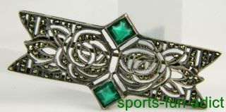 Vintage Antique France Marcasite & Emerald 925 Sterling Silver Ornate Pin Brooch