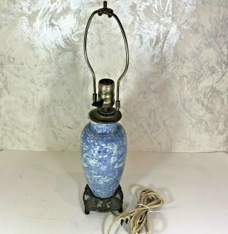 Vintage Asian Table Lamp Blue White Porcelain Brass Base No Shade 19 " H