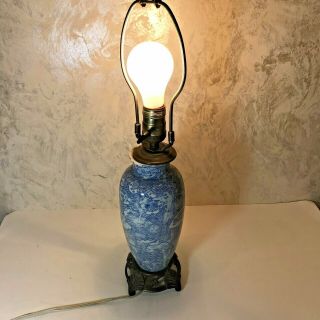 Vintage Asian Table Lamp Blue White Porcelain Brass Base No Shade 19 