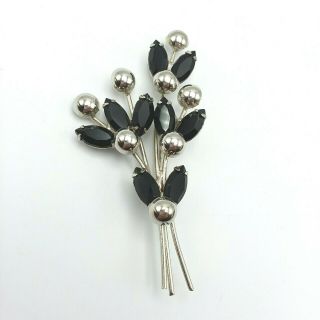 Vintage Silver Tone And Black Prong Set Open Back Rhinestone Floral Brooch Pin