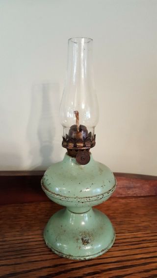 Antique Primitive P & A Mfg Co Acorn Miniature Green Metal Oil Lamp Early 1900s