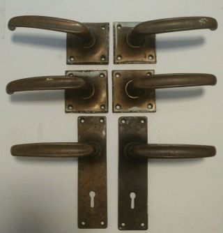 6 X Vintage Mid Century Modern Brass Door Lever Handles 2 With Key Holes
