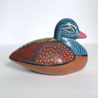 Mexican Hand Painted Duck Terra Cotta Pottery Folk Art Bright Vivid 4” Tall