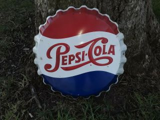 Vintage 1960s Pepsi Cola Bottle Cap Sign - Gas Station Advertising - Stout 19 "