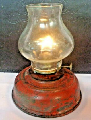 Vintage Tin Nursery Oil Lamp With Glass Chimney 5 " High Good Order