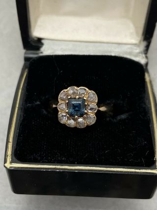 Antique 14k Gold Victorian Rose Cut Diamond And Simulated Sapphire Ring Sz 5.  75