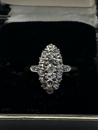 Antique Victorian 14k Gold And Platinum Rose Cut Old Mine Diamond Navette Ring