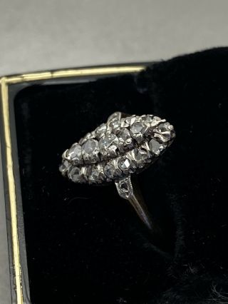 Antique Victorian 14k gold and platinum rose cut old mine diamond navette ring 2