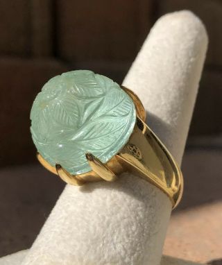 RARE Gumps Designer 18k Yellow Gold Natural Aquamarine Leaf Flower Carved Ring 3