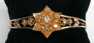 Antique Victorian Era Gold & Rose Cut Diamonds Flower Bangle Bracelet