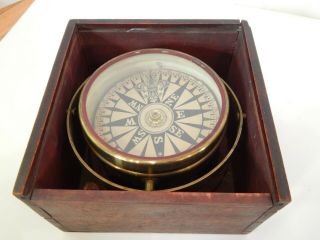 Large Antique Ships Maritime Compass Brass In Wood Dovetailed Case/box