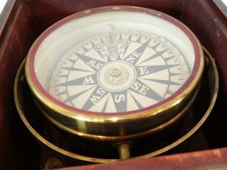 Large Antique Ships Maritime Compass Brass in Wood Dovetailed Case/Box 2