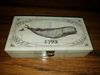 Antique Style Whale Scrimshaw Bone & Wood Trinket Box 1793
