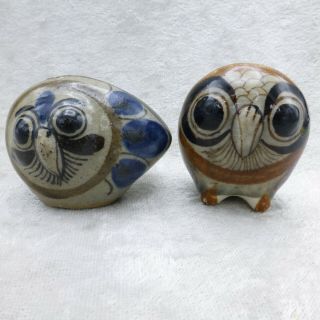 Vintage Mini Mexican Tonala Pottery Owl Figurines Mexico Folk Art Set Of 2 1.  5 "