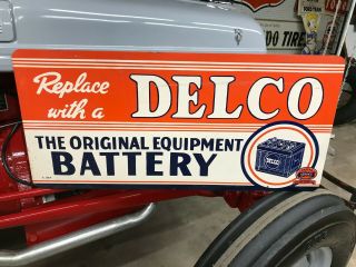 Old " Delco Battery " Heavy Metal Advertising Sign,  (36 " X 15 "),