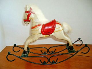 Vintage Handpainted Rocking Horse W/fur & Metal Rockers Toy (?) Decoration