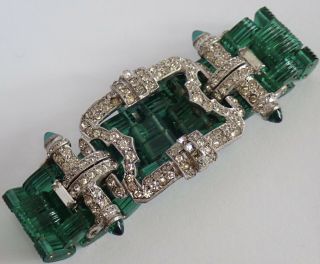 Rare Vintage Art Deco Ciner Sterling Silver Emerald Green Paste Bracelet