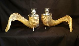 Vintage Pair Rams Horn & Silver Plated Candlestick Candle Holders
