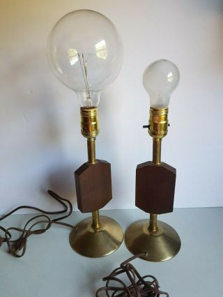Mid Century Modern Wood And Brass Table Lamp Set Vintage