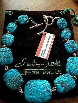 Stephen Dweck Handcarved Natural Turquoise Necklace Signed Tag.  Pouch.  Fab