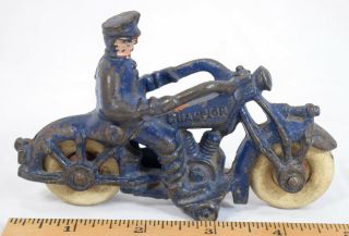 Vintage Hubley Champion Cast Iron Toy Motorcycle,  Rider,  White Rubber Tires