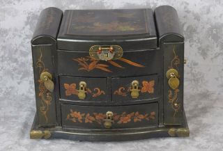 Vintage Chinese Wood Lacquer Jewelry Box W/ Mirror Floral & Bird Design