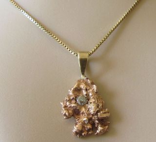 Vintage 9ct Gold Nugget Diamond Pendant & 9ct Yellow Gold Chain (17 1/2inches).