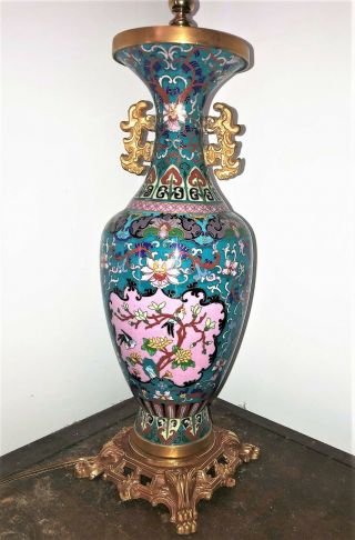 Vintage Chinese Cloisonne Vase Lamp With Bronze Base
