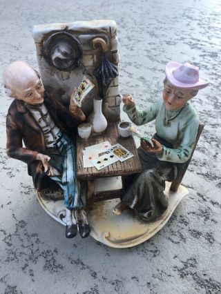 Vintage Norleans Porcelain Old Man And Woman Playing Cards Figurine
