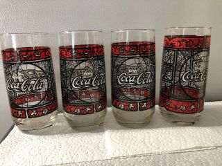 (4) Vintage - Coca - Cola Glasses Stained Glass Design -