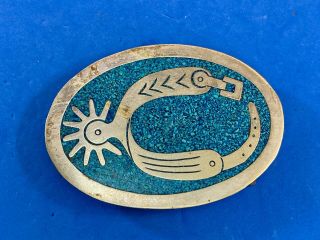 Vintage Made In Mexico Turquoise Inlay Belt Buckle Horse Shoe Spur