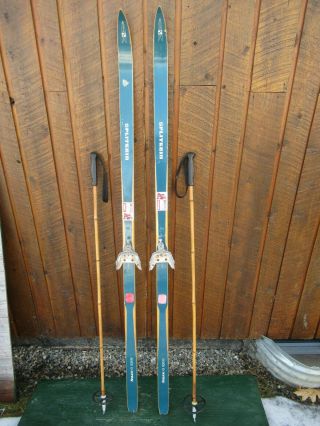 Vintage Wooden 66 " Skis With Metal Bindings And Bamboo Ski Poles