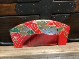 Japanese Wooden Comb,  Red Lacquered W/gold Makie Sensu Design - 6 X 13cm