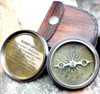 Nautical Antique Style Brass Boy Scouts Robert Frost Poem Compass With Leather