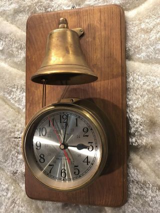 Large Vintage Ship’s Time Ship’s Bell Strikes Clock On Wall Wood Base