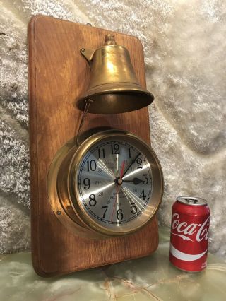 LARGE VINTAGE SHIP’S TIME SHIP’S BELL STRIKES CLOCK ON WALL WOOD BASE 2