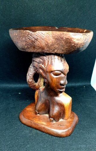 Vintage African Native Statue Wood Figure Hand Carved Aboni Ashtray Souvenir
