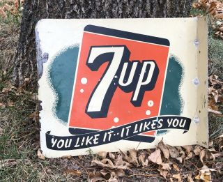 Old 7up Seven Up Soda 2 Sided Painted Advertising Flange Sign
