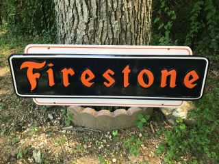 " Firestone " Large Embossed Metal Dealer Sign (dated 1947),  48 " X 16 ",  Great Sign