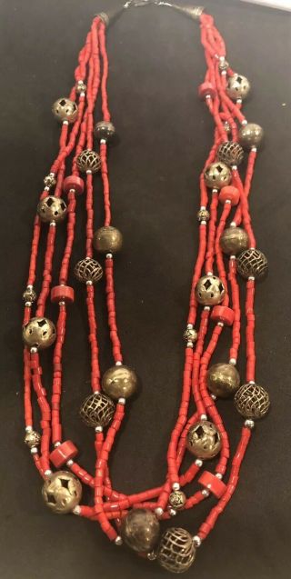 Vintage Native American Indian Silver And Natural Coral Necklace 24 Inches Tall