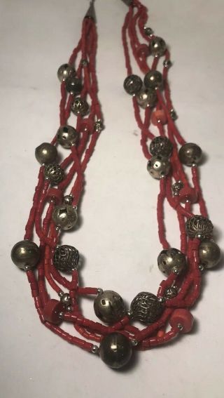 Vintage Native American Indian Silver And Natural Coral Necklace 24 Inches Tall 2