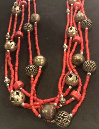 Vintage Native American Indian Silver And Natural Coral Necklace 24 Inches Tall 3