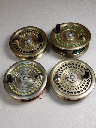Gold Anodized Machined Aluminum L.  L.  Bean Aquis 7/8 Fly Reel With 4 Spools,  Bags