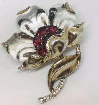 Rare Trifari Sterling Alfred Philippe Lucite & Red Stones Jelly Belly Flower Pin