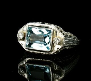 Art Deco Vintage Natural 2.  10ctw Aquamarine Diamond 18k White Gold Filigree Ring